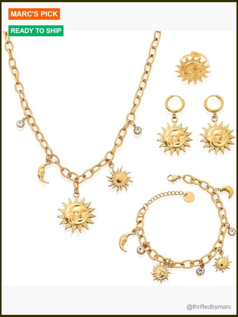 Gold Plated Sun Moon Jewelry Set - Necklace Bracelet Earrings Ring